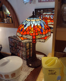 Red, Orange & Blue Stained Glass Lamp with Dragonfly