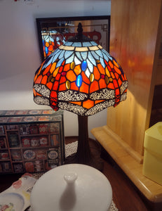 Red, Orange & Blue Stained Glass Lamp with Dragonfly