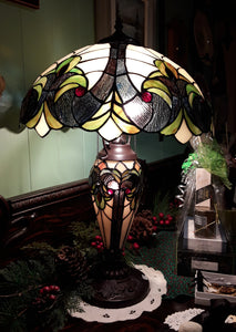 #SG204 - Large Cream & Green Stained Glass Lamp